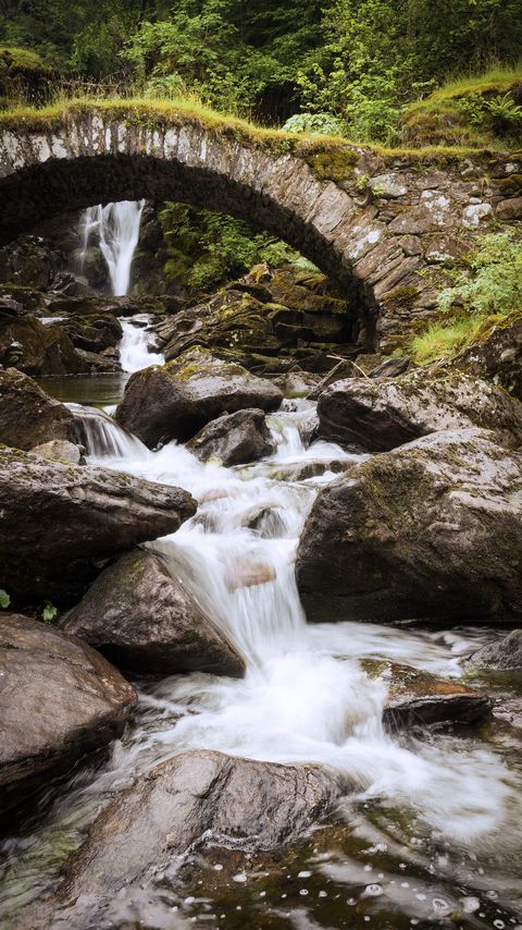 Download wallpaper 2160x3840 waterfall, water, stones, bridge, nature samsung galaxy s4, s5, note, sony xperia z, z1, z2, z3, htc one, lenovo vibe hd background