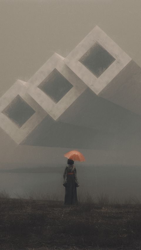 Download wallpaper 2160x3840 woman, umbrella, shapes, fog, art samsung galaxy s4, s5, note, sony xperia z, z1, z2, z3, htc one, lenovo vibe hd background